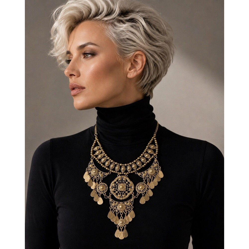 Statement Gold-Tone Filigree Bib Necklace – Ornate Medallion & Dangle Details